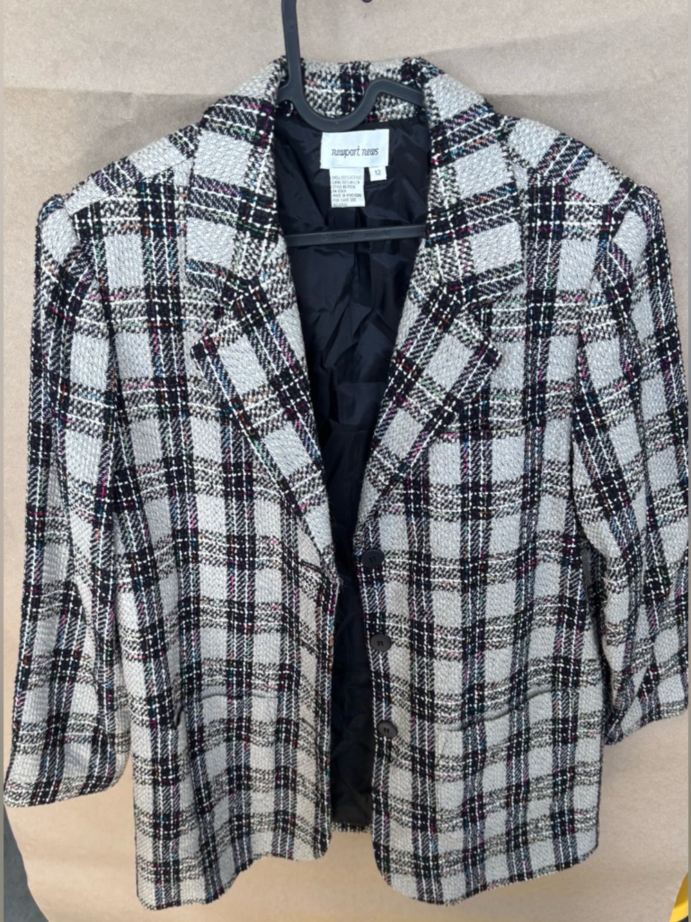 Newport News Black, White & Pink Plaid Tweed Blazer